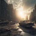 Empty street of bombed out city. Apocalyptic view of abondoned city downtown with destroyed car as disaster film poster concept. Royalty Free Stock Photo