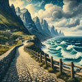 An empty street in a mountain, with beautiful sea view, waves, stone footpath, wooden guardrail, cliff, Van Gogh painting art Royalty Free Stock Photo