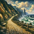 Empty street in mountain with sea view nearby, in Vam Gogh painting art, cliffs, waves, stone footpath, wooden guardrail, ocean Royalty Free Stock Photo