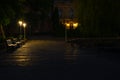 Empty street night square near university campus of medicine, lantern light illumination Royalty Free Stock Photo