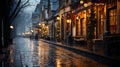 Empty street in old Alsacian style after rain with some Christmas decorations along the shops Royalty Free Stock Photo