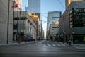 Empty street without people. Quarantine city Toronto buildings, skyscraper, downtown. Eveni Royalty Free Stock Photo
