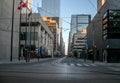 Empty street without people. Quarantine city Toronto buildings, skyscraper, downtown. Eveni Royalty Free Stock Photo