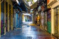 an empty street in Plaka which is the old historical neighborhood of Athens, clustered around the northern and eastern Royalty Free Stock Photo