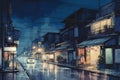 Empty street, shops on both sides, night, moon, one street lamp