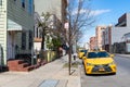 Empty Street and Sidewalk with Parked Yellow Taxi Cabs during the Covid 19 Pandemic in Long Island City Queens New York