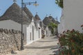Empty street with typical white houses and cone-shaped roofs in Alberobello, Italy