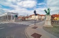 Empty streets on Ljubljanas Dragon bridge on spring Sunday morning, usually packed with people, due to coronavirus quarantine