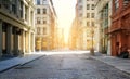 Empty streets and sidewalks of Soho are eerily quiet during the 2020 coronavirus pandemic lockdown in New York City with no people