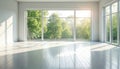 Empty studio space with huge windows offering natural sunlight and outdoor view. White walls and floor create a bright minimal Royalty Free Stock Photo