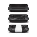 Empty styrofoam food storage. Black food plastic tray, set of foam meal containers with white label