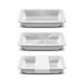 Empty styrofoam food storage. White food plastic tray, set of foam meal containers with white label