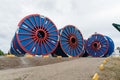 Empty subsea umbilical cable reels ready for reloading