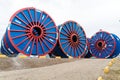 Empty subsea umbilical cable reels ready for reloading
