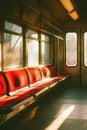 Empty subway car with sunlight casting shadows on red seats.