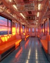 Empty subway car with sunset light reflections Royalty Free Stock Photo
