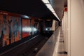 Empty subway platform with pictures of landmarks on the walls in Budapest, Hungary