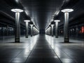 an empty subway station with lights on the floor Royalty Free Stock Photo