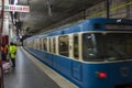 Almost empty subway station Sendlinger Tor under reconstruction with departing subway train during 2020 spring Covid-19outbreak