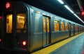 Empty subway train waits at station platform. Metallic car doors and windows glow with warm interior light. Urban transit system Royalty Free Stock Photo