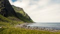 Empty Summer beach at Haukland Beach Lofoten Islands, Norway. Must visit Norwegian landscape is Haukland Beach and its scenic rout