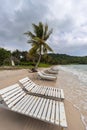 Empty sunbeds on Bai Sao beach on Phu Quoc island in Vietnam in Royalty Free Stock Photo