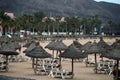 Empty sunbeds on a tropical beach, sandy beach by the sea. Summer vacation and holiday idea for tourism, pandemic, quarantine, Royalty Free Stock Photo