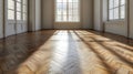 Empty sunlit room with herringbone wooden floor Royalty Free Stock Photo