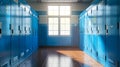 Sunlit school corridor with blue lockers lining the walls. Peaceful empty hallway. Bright and clean educational facility Royalty Free Stock Photo