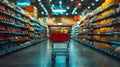 empty Supermarket aisle with red shopping cart. hopping cart in a grocery store aisle