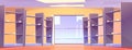 Empty supermarket aisle shelf cartoon background