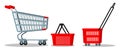 Empty supermarket chrome metal trolley cart with wheels, red plasyic shopping basket icon set