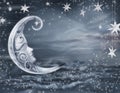 Empty surreal fairy tale art background, night sky with moon face and stars, copy space