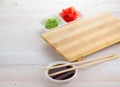Empty sushi board with soy sauce ginger and wasabi