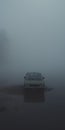 Empty Suv In Foggy Lake: Cinematic Still Shot Inspired By Sergei Parajanov