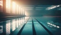 Empty swimming arena with the early sunlight coming through the windows, lighten up the calm blue water