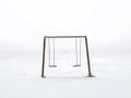 empty swing set on beach, minimal design, winter scene, cold tones, calm atmosphere