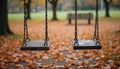 Empty swing set in a park during fall season. Ground is covered with brown foliage. Park bench is visible in the background. Royalty Free Stock Photo