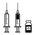 Empty syringe for injection, syringe with vaccine, vial of medicine. Vector illustration Royalty Free Stock Photo