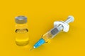 Empty syringe with vial closeup isolated on yellow background, High resolution Royalty Free Stock Photo