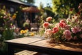 Empty table amidst garden party blurÅ¸??conjuring the vibrant energy of a celebration