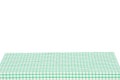 Empty table background. Empty wooden deck table covered with green white checkered tablecloth isolated on a white background. Royalty Free Stock Photo