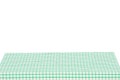 Empty table background. Empty wooden deck table covered with green white checkered tablecloth isolated on a white background. Royalty Free Stock Photo