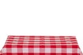 Empty table background. Empty wooden deck table covered with red white checkered tablecloth isolated on a white background. Space Royalty Free Stock Photo