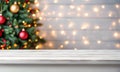 Empty table, blurred Christmas background