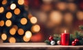 Empty table, blurred Christmas background