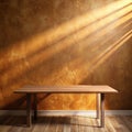 Empty Table on Bright Brown Wall Background, Panoramic Composition with Abstract Sunlight Reflection Royalty Free Stock Photo