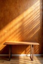 Empty Table on Bright Brown Wall Background, Panoramic Composition with Abstract Sunlight Reflection Royalty Free Stock Photo
