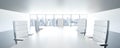 empty table in bright loft office with chairs and city sky busniess district line panorama in window 3d render