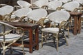 Empty table and chairs in restaurant, Greece. Beach cafe near sea, outdoors. Travel and vacation concept Royalty Free Stock Photo